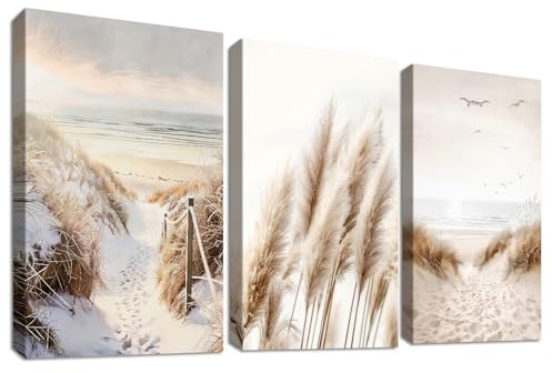 3 st träram bild modern natur strand Östersjön dekorativ canvasmålning bild pampas gräs räv solnedgång bilder dekoration vardagsrum sovrum matsal hall 30 cm x 40 cm x 3