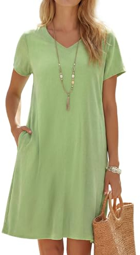 Enmain Vestido Lino Verano Mujer Manga Corta Cuello V Vestidos Mujer Casual Midi Playa con Bolsillos hasta la Rodilla sin Accesorios