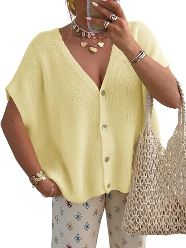 Saodimallsu Cardigan d'été à manches courtes et col en V pour femme | Surdimensionné, manches chauve-souris, gilet en tricot, couleur unie, boutonnière légère, pull, top