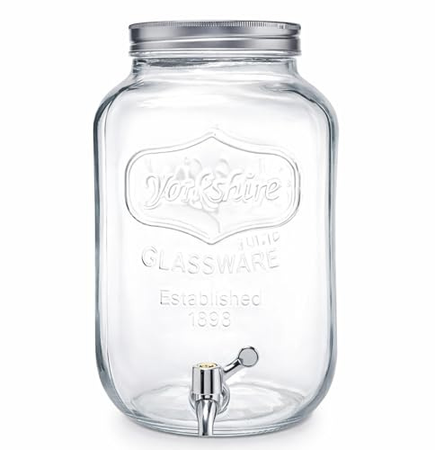 Dispensador de Bebidas de Cristal con Grifo Antigoteo, Tapa Metálica, Estilo Vintage Retro para Fiestas, Eventos, Limonada, Sangría, Agua (8 Litros (32 cm)) Garrafa con Grifo
