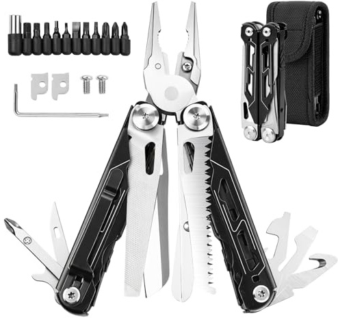 Ecofocet 28 in 1 Pinza Multiuso, Coltello Multiuso in Acciaio Inox con Pinze, Forbici, Apribottiglie, Cacciavite e Altri, Utensile Multifunzione Pieghevole per Fai da Te, Campeggio, Sopravvivenza
