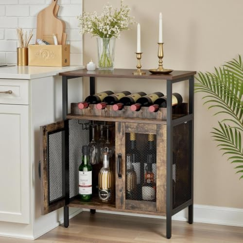 Warmiehomy Rustic Sideboard Storage Cabinet, Industrial Buffet Cabinet | with 5-Bottle Wine Rack & Open Shelf, Freestanding Kitchen Cupboard & Home Bar Wine Cabinet for Living Room Pub, Rustic Brown