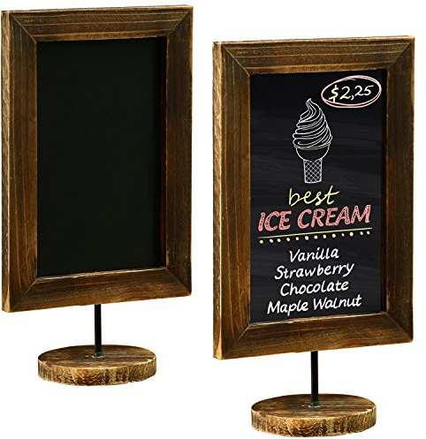 MyGift Tabletop Chalkboard Signs, Burnt Wood Frame & Round Base, Set of 2
