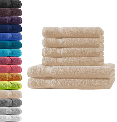 2X Duschtuch + 4X Handtuch | Beige | 100% Baumwolle Frottier | Oeko-TEX® Standard 100 | Premium Qualität 500 g/m²