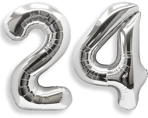 AULE Silver Number 24 Balloon 40 Inch Giant 0-60 Foil Large Balloons | Big Mylar 24 Number Balloon Helium Huge Jumbo for Happy 24th Birthday Party Anniversary Decorations Supplies