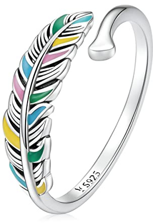 Qings Justerbar öppen ring i sterling silver - söt svart björn färgglada fjäderlöv iögonfallande djur ring stapelbara ringar CZ Knuckles handgjorda smycken presenter, Justerbar, Sterlingsilver, Kubisk