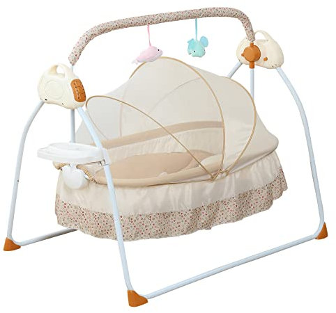 Elektrische Babybett Baby Wiege Automatische Infant Rocker Babywippe 5 Geschwindigkeiten Babyschaukel Bluetooth Schaukelstuhl mit Fernbedienung Musik Und Timer (Khaki)