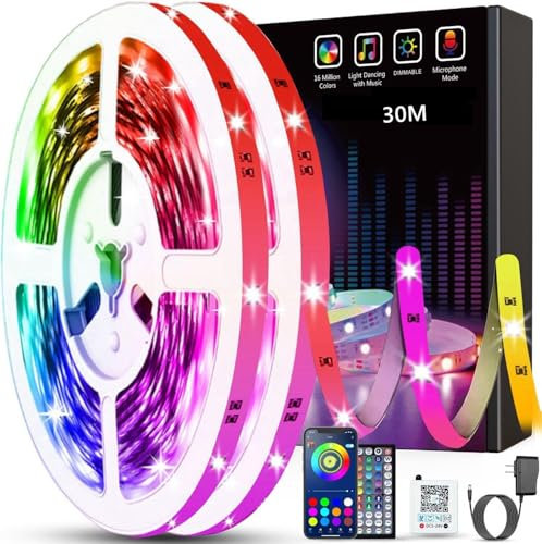 Tenmiro Ruban Led 30m(15m×2), Bande Led RGB, Led Chambre Lumineuse Flexible Multicolore avec Télécommande,Utilisé pour la décoration de maison de chambre à coucher