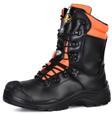 SAFETOE Safety Chainsaw Cut Protection Boots Class 1 with Genuine Cow Leather Heavy Duty Steel Toe Memory Foam Insoles Woodcut Construction Work