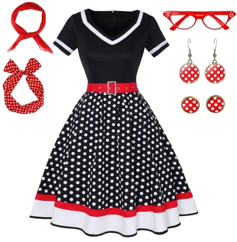 maxToonrain Women 50 Fancy Dress Adults Uk Polka Dots Dress with Accessories Scarf Headbands Earring Glasses for Vintage Cocktail Party Wedding Halloween (Black&Red,XL)