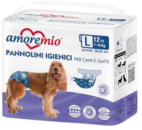 Amore Mio | 12 Pannolini Igienici per Cani e Gatti, Taglia L, Ø 36-61 cm, Mutande per Cani Usa e Getta, Antiodore, Chiusura Adesiva Regolabile - 1 Confezione da 12 Pannolini