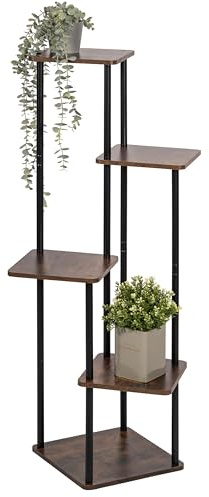 eluno Étagère à plantes, étagère à fleurs, support décoratif avec 5 étagères, escalier à fleurs, multifonction, combinaison de matériaux modernes de bois MDF certifié FSC et métal noir
