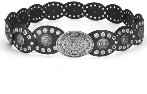 TOFBS Vintage Mode Gürtel für Damen - Runde Nietenscheibe, Breiter Durchbrochener Metall Verstellbarer Ledergürtel, Boho Western Cowgirl (Schwarz)