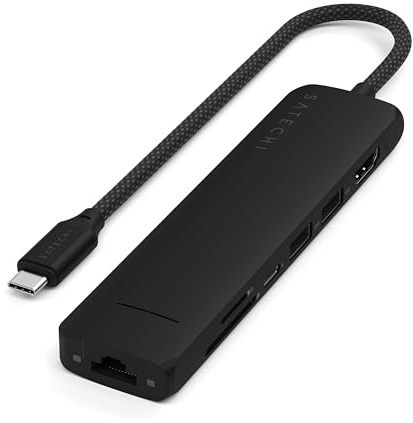 SATECHI 7 en 1 Hub USB C Slim Plus Adaptateur Multiport avec Ethernet, Charge PD 100W, HDMI 4K@60Hz, 2X Ports USB-A 10Gbps et SD/microSD pour MacBook Air & Pro, PC Portable et Plus – Noir