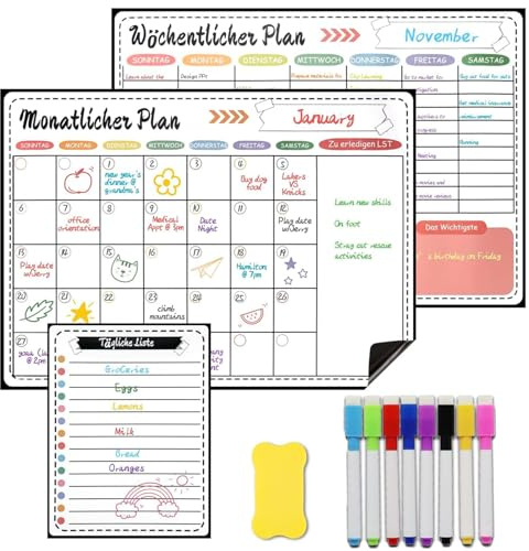 3 Stück Stundenplan Abwischbar mit 1 Whiteboardlöscher, Whiteboard Wochenplaner und Monatsplaner Magnetisch, Essensplaner Woche, Haushaltsplaner Familie, Wochenplaner Kühlschrank