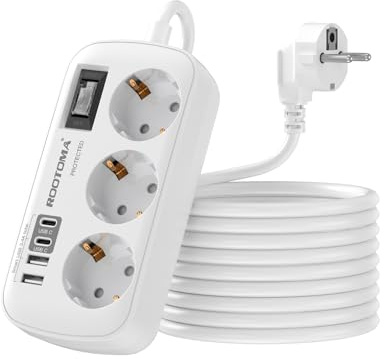 Verlängerungskabel 3M mit Überspannungsschutz Mehrfachsteckdose 4 USB(2 USB-C), 3 Fach Steckdose mit Schalter Wandmontage für Home Office, weiß