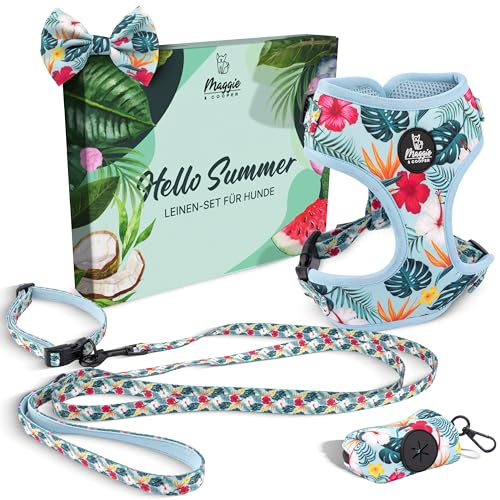MAGGIE & COOPER Leinen-Set für Hunde – Design Hawaii Breeze– 5-teilig: Halsband, Geschirr, Leine, Schleife, Kotbeutelspender – 4 Größen – Geschenkverpackung (XS)