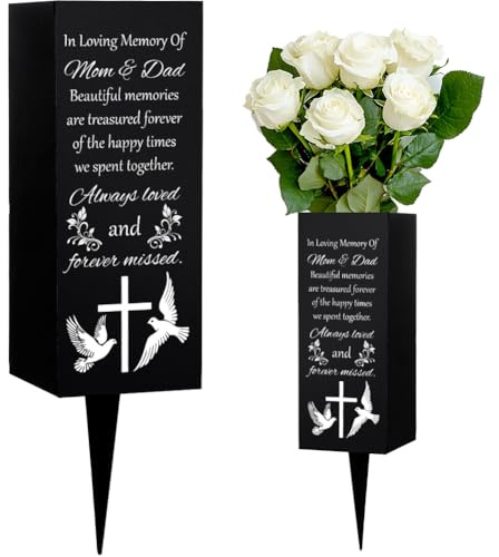 WEBEEDY Cemetery Vases Mom & Dad Memorial Vases Grave Flower Holder with Spike, White Dove Cross Cemetery Decorations for Grave Outdoor Yard, Memorial Gift for Mother Father Loss of Loved Ones, 8x20cm