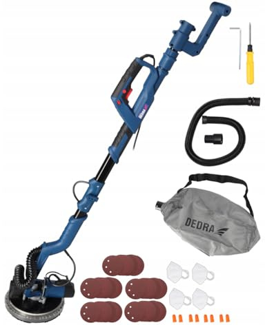 DEDRA giraffslipmaskin 750 W - teleskopisk arm, LED-belysning, sugturbin och reducerare - komplett kit med 30 slipskivor och dammpåse
