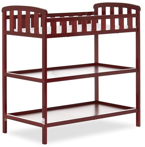 Dream On Me Emily Changing Table, Compact and Lightweight, Solid New Zealand Pinewood, Elevated Safety Rails, Two Storage Shelves, Includes Water-Resistant 1 Changing Pad — Cherry