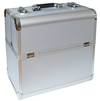 NAILS FACTORY | N&BF Profi Kosmetikkoffer groß | 35 x 22 x 36 cm | Silber | robuster Nagelkoffer aus Aluminium | Beautycase mit viel Staurum | Aufklappbare Fächer auf Zwei Etagen verteilt