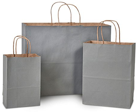 Pack Of 125, Charcoal Gray Natural Kraft Tint Bag W/Serrated Edge Tops & Sturdy Paper Twisted Handles Assortment 50 Rose, 50 Cub, 25 Vogue Made In USA