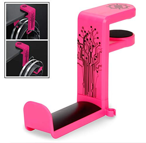 ENHANCE PC Gaming Headphone Holder Headset Hanger Mount - Headphones Stand with Adjustable 360 Rotating Arm, Under Desk Clamp On Design, Universal Fit, & Built In Cable Clip Organizer - Pink