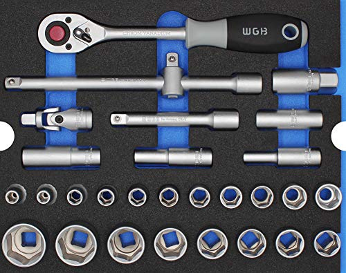 1/2 Steckschlüssel Set mit Ratsche und Sechskant Nuss Set 29 teilig | WGB Schaumstoffeinlage Werkzeug Modul 6020