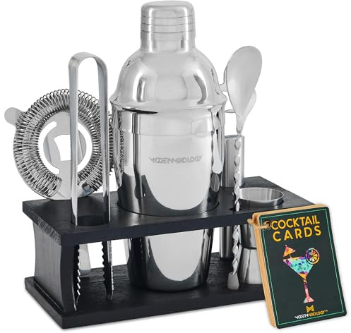Modern Mixology Cocktail Shaker Set - Bartender Kit with Pine Stand | Leak-Proof Design | Includes Martini Shaker, Jigger, Strainer, Spoon, Tongs | Perfect Bar Tools Gift for Home Mixology (Silver)
