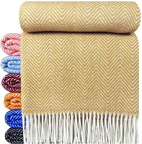STTS International Wolldecke 100% Schurwolle Wohndecke 140 x 200 cm Tagesdecke Schurwolldecke Woll-Plaid Tirol in vielen Farben erhältlich (Gelb/Ocker (D-M)