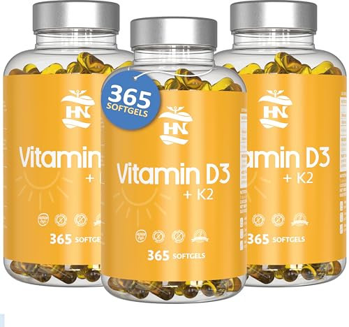 Vitamina D - 365 Cápsulas de vitamina D3 K2 – Vitamina D (5000 UI) altamente concentrada. Favorece la función inmunológica y ósea - 1095 cápsulas (3 botes)