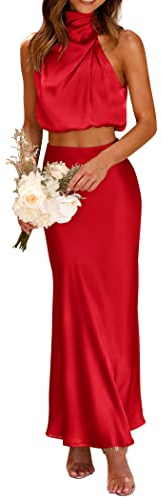 PRETTYGARDEN Women's 2 Piece Satin Outfits Summer Sleeveless Mock Neck Crop Tops and Long Skirt Dress Sets (Red,Medium)