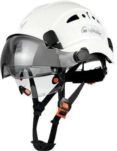 SAFEBUILDER Safety Helmet Hard Hat with Visor Adjustable Lightweight Vented Work Hard Hats for Men ANSI Z89.1 Approved Industrial (01-White Helmet with Clear Tinted Visor)