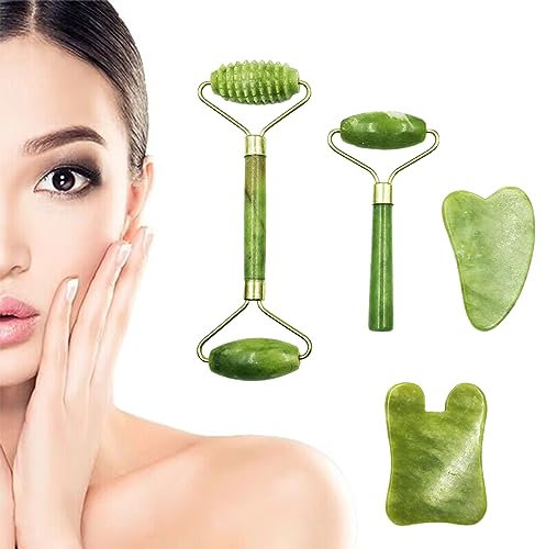 4PCS Gesichtsmassagegerät Faszienrolle Gesichtsroller, Massage Werkzeug Gua Sha Stein Jade Roller Set(Grün)
