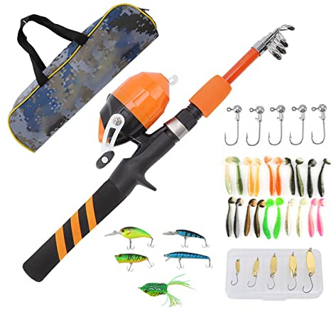 Caña De Pescar para Niños De 1,5 M, Portátil, Retráctil Y Apta para Principiantes, Naranja, Regalo para Niños Pequeños, Presente A Su Pequeño Pescador La Alegría De Pescar