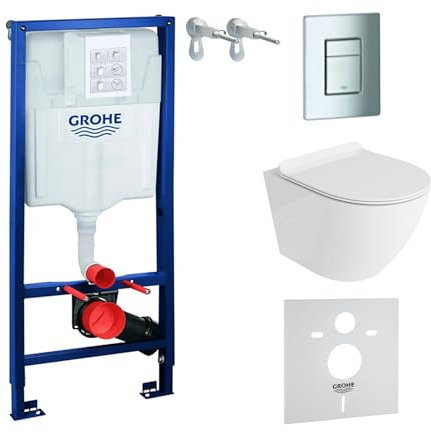 Lavita Élément mural Solido + WC suspendu Sofi Slim blanc sans bord + abattant de WC avec système d'abaissement automatique bouton chromé - Kit complet encastré