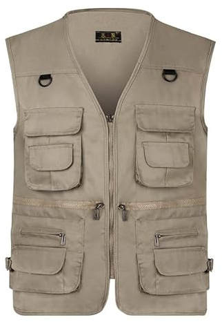 AOTORR Men’s Fishing Vest Casual Outdoor Work Safari Fishing Photo Cargo Vest Summer Jacket With Multi Pockets Dark Khaki L