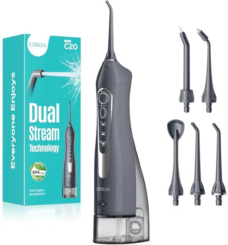 COSLUS Water Dental Flosser Teeth Pick C20(F5020E): Portable Cordless Oral Irrigator 300ML Rechargeable Travel Irrigation Cleaner IPX7 Waterproof Electric Flossing Machine for Teeth Cleaning, Grey