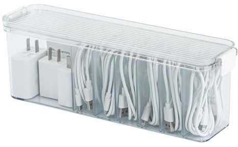 Yesesion Caja organizadora de cables de plástico con 7 compartimentos, estuche de almacenamiento de cables transparente para accesorios de cajón de escritorio, cargador de teléfono, manualidades