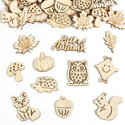 55 adornos de madera confeti hoja de calabaza erizo de hongo saludo otoño decoración DIY artesanía scrapbooking ocio creativo regalo para boda, fiesta cumpleaños otoño