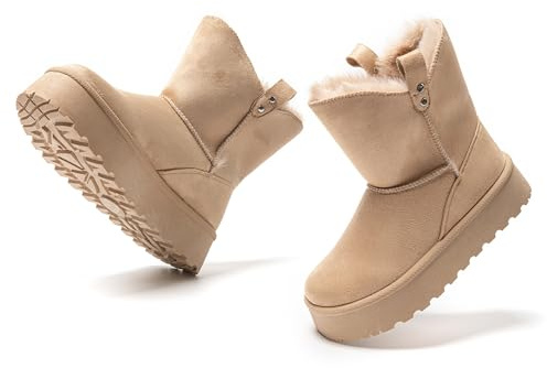JOMIX Stivaletti Donna Invernali Stivali Ragazze Bassi Scarpe Caldi Imbottiti Pelliccia Sintetica Comodi da Neve MD9765-6 (Beige, 37)