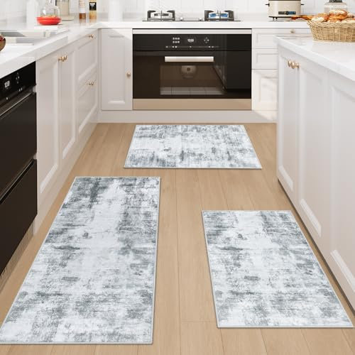 Famibay Kitchen Rug Sets 3 Piece Kitchen Mats Non Slip Washable Kitchen Runners Floor Mat Grey Modern Abstract for Kitchen Laundry Room Hallway 50x120cm+50x80cm+50x80cm
