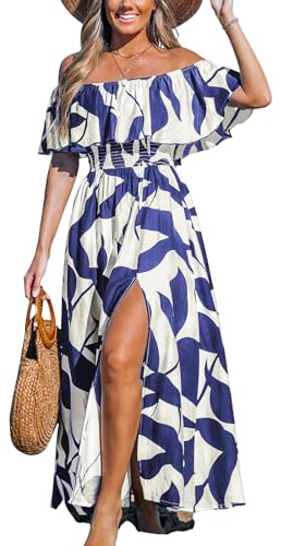 CUPSHE Robe pour Femme d'été en Forme de Robes à épaules dénudées Maxi Longueur à Volants ajustée à la Taille imprimé Tropical