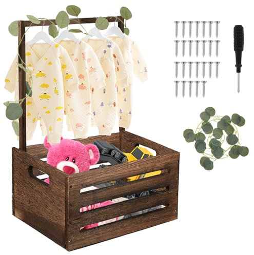 Holz Baby Geschenk Korb mit Griff, Babykorb Neugeborene mit Grüne Kletterpflanzenzweige, Wickelkorb, Kinderdusche Holzkisten, Schwangerschaftsgeschenke für Neue Eltern（Vintage - Farbe）