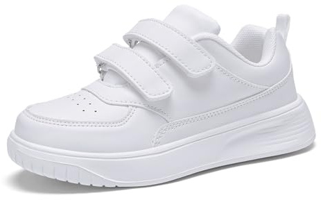 RTOUNT Unisex Boys White Trainers for Girls School Casual Walking Tennis Shoes for Little Kid Running Adjustable Strap Sneakers Size 13 Child