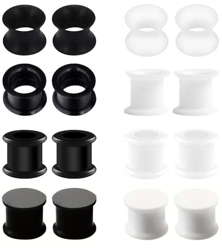 LOCCY 8 Pairs Silicone Ear Plugs Tunnels, 3-25mm Silicone Flexible Flesh Tunnels Double Flared Ear Plugs Expander Ear Stretchers Ears Piercing Jewellery for Men Women - Black,White (Black+White, 10mm)