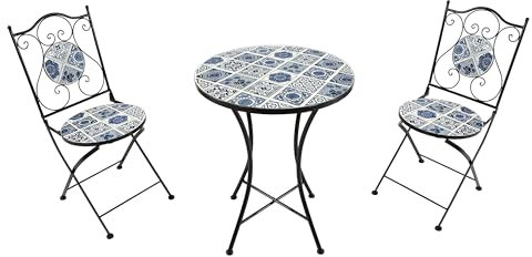 AXI Amélie Bistroset 3-teilig mit Mosaik Design Delftblau | Bistrotisch mit 2 Stühlen | Bistro Gartenmöbel Set für Garten/Balkon/Terrasse | Balkonset/Sitzgruppe