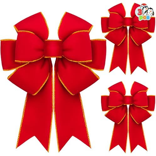 JOYIN 3 st 35 cm x 30 cm röda sammetsrosetter till jul, stora röda julrosetter för krans, träd, presentaskar, utomhusdekorationer, sammetsbågar för julgran, festtillbehör