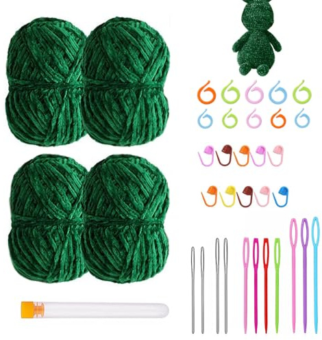 YUNXCNA Laine Chenille pour Crochet, Laine Chenille Chaude à Tricoter, Lot de 4 Pelotes de Fil Chenille de 100 g, Cadeaux Faits Main, pour Sacs, Pulls(Vert)