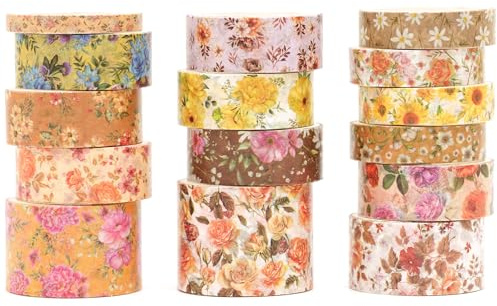 Songdao 15 rullar blomma washi tejpset, maskeringstejp blommor dekorativ tejp färgglad för gör-det-själv hantverk bullet journals planerare scrapbooking förpackning (stil 3)